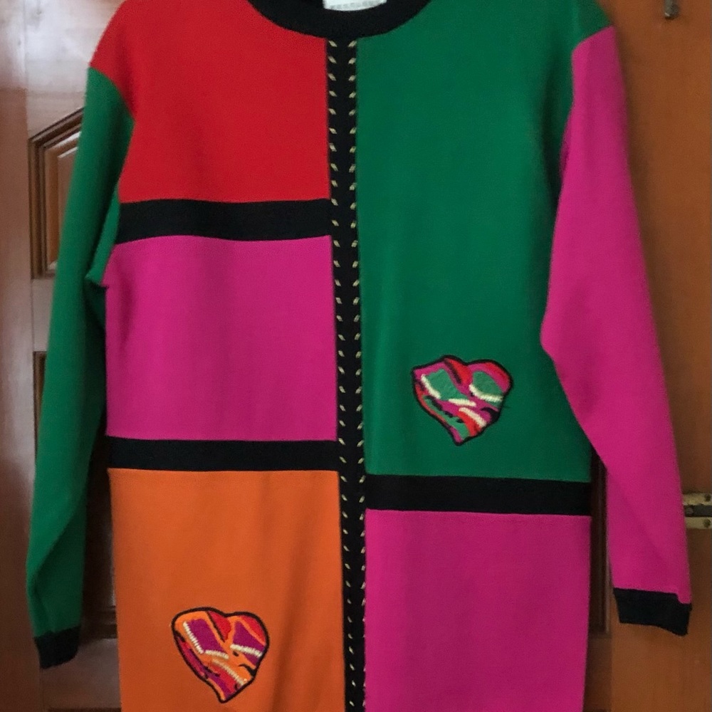 Restless Clothier bright rainbow color with golden threads & 2 hearts sweater￼